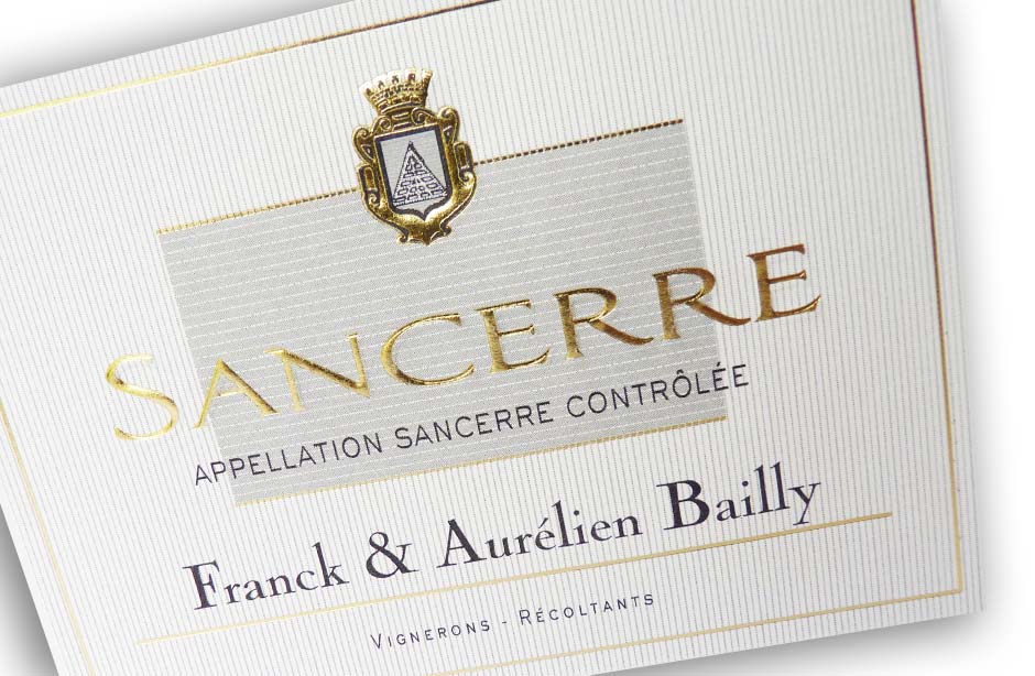 Etiquette Sancerre Domaine Bailly Reverdy à Bue dans le cher sur papier Tintoretto Gesso permanent, or à chaud et gaufrage