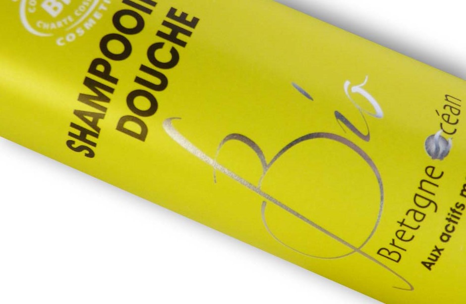 Etiquette Shampooing Bretagne Ocean, Laboratoire Uspalla à Perros-Guirec, Polypropylene White Gloss, Quadri, dorure Argent mat
