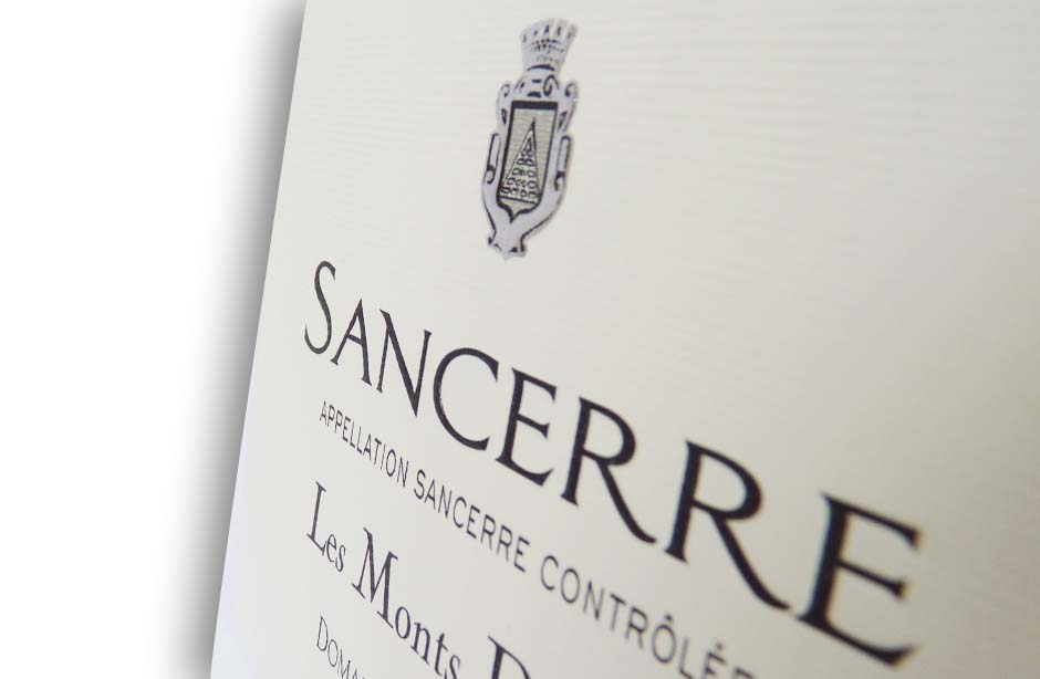 Etiquette Sancerre Les Monts Damnes domaine Bailly Reverdy sur papier Martele Velmart dorure à chaud argent soyeux